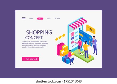 Online-Shopping Design Web-Vorlage. Internet-Shopping. Kaufen Sie über Home-Computer, Telefon-Gadget. E-Commerce Financial. Konzept des Webmarktes. Digitale Zahlung. Elektronischer Bestelldienst. Vektorgrafik.