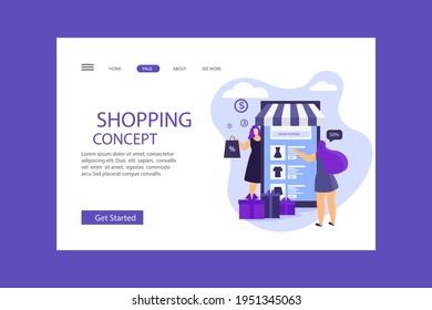 Online shopping design web template. Internet shopping. Purchase via home computer, phone gadget. Ecommerce financial. Web market concept. Digital payment. Electronic order service. Vector.