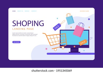 Plantilla web de diseño de compras en línea. Compras por Internet. Compra a través del ordenador residencial, gadget de teléfono. Ecommerce financiero. Concepto de mercado web. Pago digital. Servicio de pedido electrónico. Vector.