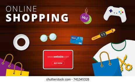 Online Shopping Desk with objects. Tablet, clothes, bags, gamepad, sale