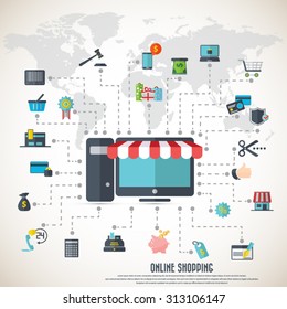 Online shopping - desktop with awning,  various icon set and detailed world map. EPS10 vector. File is layered and can be used in any project.