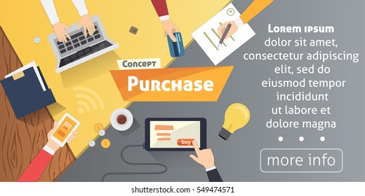 Online shopping, desktop with computer, credit cards, ad hands. Concept purchase product vector modern flat illustration