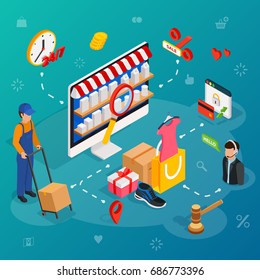Online shopping with desktop PC. Concept e-commerce poster with delivery service and customer support chat service. 3D isometric vector illustration.