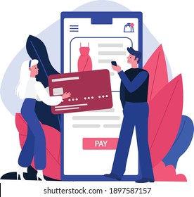 Online shopping, device screen and people with credit card. Flat design illustration. Vector