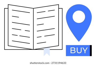 Online shopping, digital learning, e-commerce, location-based services, book publishing, technology. Open book with bookmark, location pin and buy button. Online shopping and digital learning
