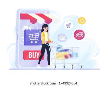 Online shopping, Digital marketing concept. Woman with shopping cart full of goods, shopping boxes. Comes out of the smartphone which represent of front of shop store. E-commerce. isolated vector