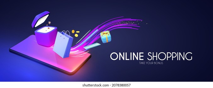 Online shopping. Digital marketing concept with shining phone, gift bags, boxes and coins.
