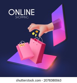 Compras en línea. Concepto de marketing digital con teléfono brillante, mano de pago, monedas y bolsas de regalo.