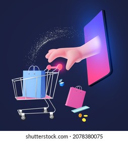 Compras en línea. Concepto de marketing digital con teléfono brillante, mano de pago, carrito de carrito de compras, monedas, tarjeta, bolsas de regalo y caja.