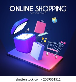 Compras en línea. Concepto de marketing digital con teléfono brillante, mano de pago, carrito de carrito de compras, monedas, tarjeta, bolsas de regalo y caja.