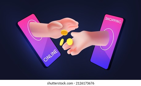 Online shopping. Digital marketing concept with shining phone and paying hand with coins
