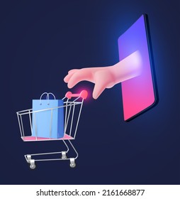 Compras en línea. Concepto de marketing digital con teléfono brillante, mano de pago, carrito de la compra, monedas, tarjeta y bolso de regalo.