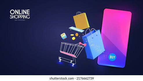 Online shopping. Digital marketing concept with shining phone, paying hand, shopping trolley cart, coins, card, gift bags and box.