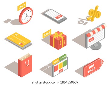 Online shopping and digital marketing icons. Shopping for e-commerce contests. 3d isometric online store, infographics icon set. Shopping icons for store or supermarket. Vector illustration