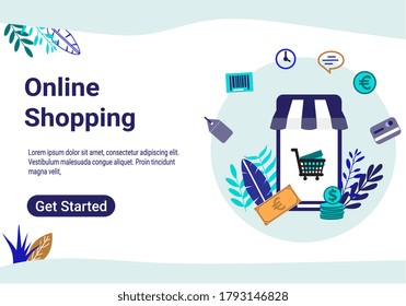 Online shopping, digital marketing store with awning on smartphone. Landing page template, UI website header in E-commerce application concept, cart, credit card, barcode tag, coins and banknote. 