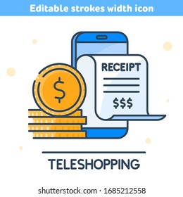 Online shopping, digital marketing, teleshopping concept vector illustration. Linear symbol of smartphone, paper receipt bill, stack of coins. The online bill purchase with mobile phone outline icon.