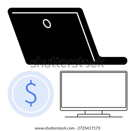 Online shopping, digital payment, e-commerce platforms, technology integration, financial services, user devices. A laptop, dollar sign and a monitor icon. Online shopping and digital payment