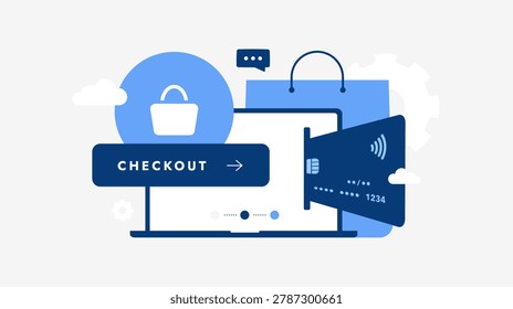 Online shopping and digital payment process illustration, showing a laptop, credit card, shopping bag, and checkout button for e-commerce transactions and secure financial services