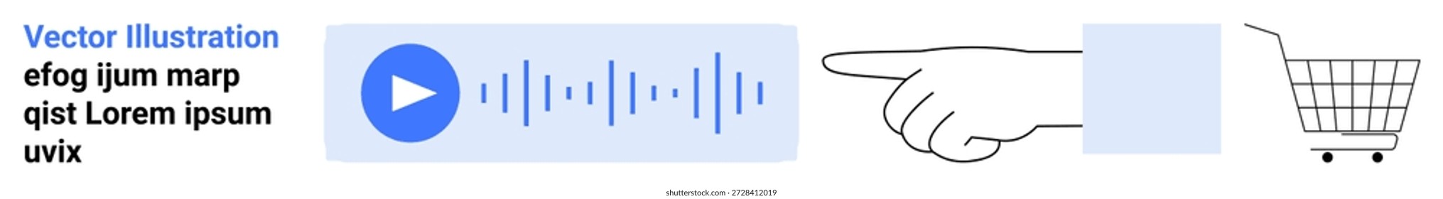 Compras en línea, pagos digitales, interfaces de aplicaciones, comercio electrónico, funciones de audio, experiencia del usuario. Una mano apunta a un Botón de reproducción de audio junto a un Carrito de compras. Compras online y digitales