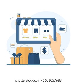 Online Shopping and Digital Purchasing Concept. Tablet with Shopping Bag. Online shopping store on internet website with easy online ordering and payment system, Vector Illustration Design.