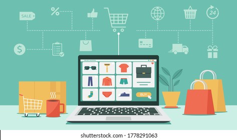 compra en línea o tienda digital en concepto de computadora portátil, hombres productos de moda de tienda electrónica con iconos y artículos, ilustración gráfica de vector plano