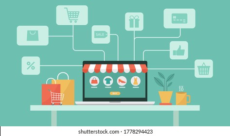 online shopping or digital store on laptop computer concept with icons, goods, and shopping cart, women fashion products from e-shop, flat vector graphic illustration