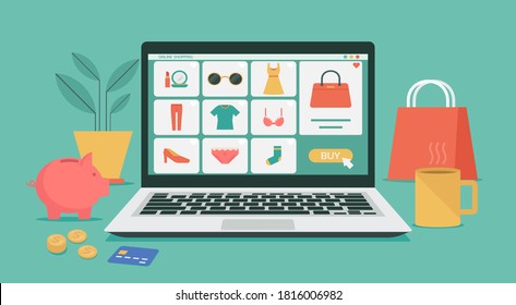 online shopping or digital store on laptop computer concept, women fashion products on e-shop with icons and goods, flat vector graphic illustration