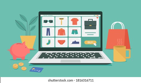 online shopping or digital store on laptop computer concept, men fashion products on e-shop with icons and goods, flat vector graphic illustration