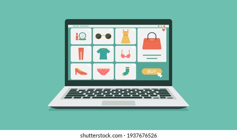 online shopping or digital store on laptop computer concept, women fashion products from e-shop with icons and goods, vector graphic flat design illustration