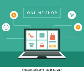online shopping or digital store on laptop computer concept, fashion products from e-shop with icons and goods, vector graphic flat design illustration