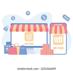 online shopping or digital store on computer and mobile concept. Business online shopping and business e-commerce. Vector illustration