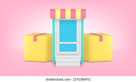 Online shopping digital store order purchase delivery service smartphone application realistic 3d icon vector illustration. Internet e business commercial goods buying logistic cardboard box shipping