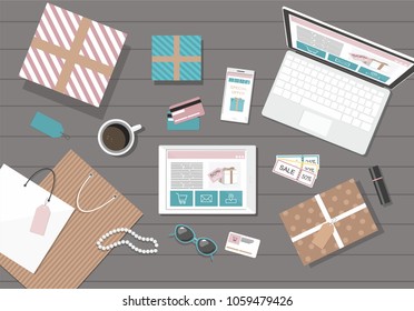 Online shopping with digital tablet and notebook Vector Illusrtation