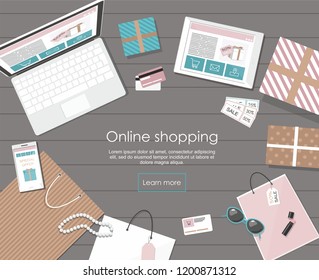 Online shopping with digital tablet and notebook Vector Illusrtation