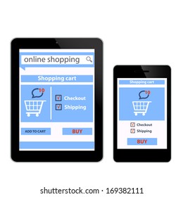 Online shopping with digital tablet smartfon ecommerce background white isolated in vector