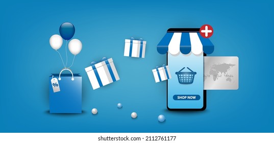 Online shopping. Digital technology m-commerce on smartphone application store. Mobile, Credit card, gift box, balloon, bag,  basket with hand-selected. Blue background concept. Vector illustrator 