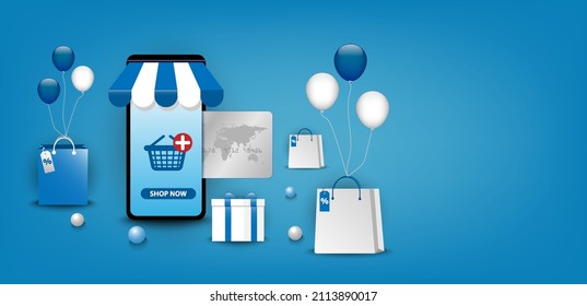 Compras en línea. Tecnología digital m-commerce en tienda de aplicaciones para smartphones. Teléfono móvil, tarjeta de crédito, caja de regalo, globo, bolso, cesta con la mano seleccionada. Concepto de fondo azul. Ilustrador de vectores 