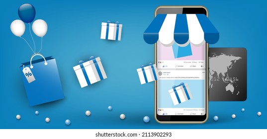 Online shopping. Digital technology m-commerce on smartphone application store. Mobile, social media, credit card, gift box, balloon, bag . Blue graphic concept. Vector illustrator.