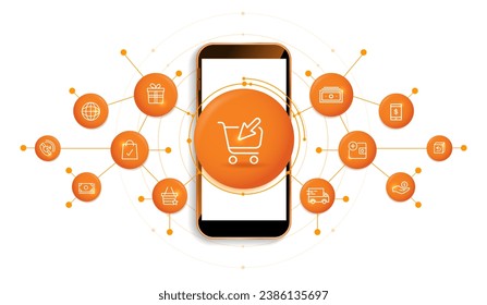 Tecnología digital de compras en línea en smartphones con icono sobre fondo blanco. fantástico digital. comercio electrónico tienda online marketing para diseño publicitario. conexión a internet en un supermercado. vector.