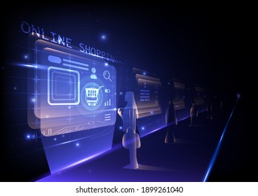 Online Shopping, Digital Technology Virtual Reality, Futuristic Perspective Background Vector Illustration