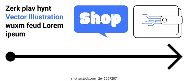 Online shopping and digital wallet concept with a shop speech bubble and a digital wallet icon. Ideal for e-commerce, digital payments, online stores, navigation, and user guides. Banner for landing