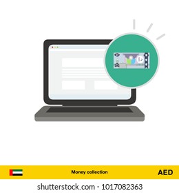 Online shopping. Dirham banknote. E-commerce platform concept vector illustration.