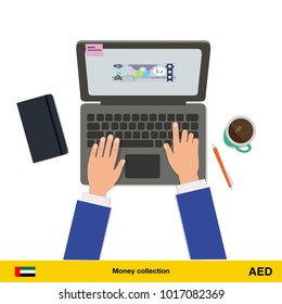 Online shopping. Dirham banknote. E-commerce platform concept vector illustration.