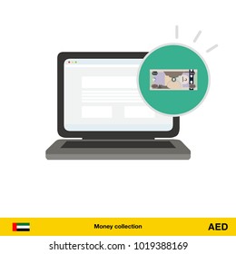 Online shopping. Dirham banknote. E-commerce platform concept vector illustration.