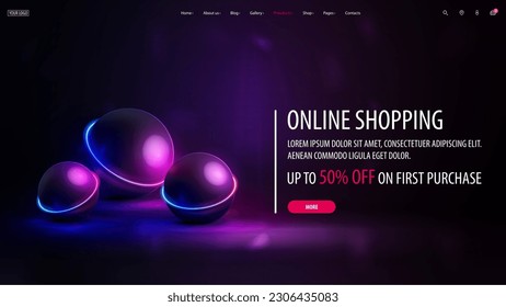 Online shopping, discount banner with offer and 3d balls with neon ring on dark background