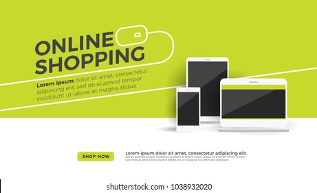 Online shopping discount concept desktop with laptop, tablet and mobile phone. shop now button on green and white background. vector illustration