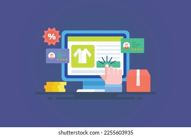 Online shopping discount, getting offers, credits and discounts for buying online, eCommerce website for online business - vector illustration background with icons