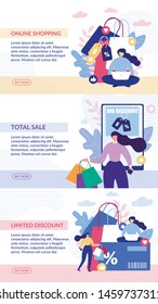 Online Shopping and Discount Offer Banners Set. Headers Kit Advertising Mobile Application for Searching Sales and Buying via Internet. Vector Flat Illustration with Editable Promotion Text