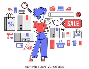 Online shopping and discount vector outline illustration, virtual store worker managing goods or customer have a big choice and enjoying cheap prices, adviser consultant.