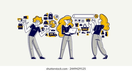 Online shopping and discount vector outline illustration, store workers team managing goods or customers have a big choice and enjoying cheap prices, advisers and consultants.